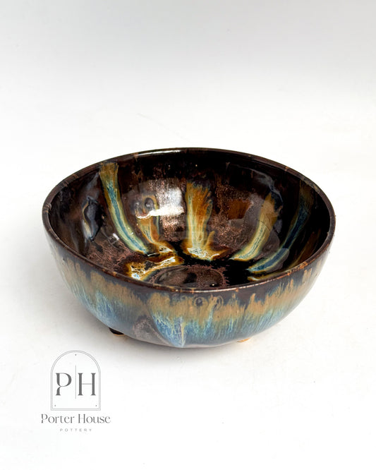 Bronze, Orange, and Blue Fiery Drippy Bowl with Lil Feeties | Small
