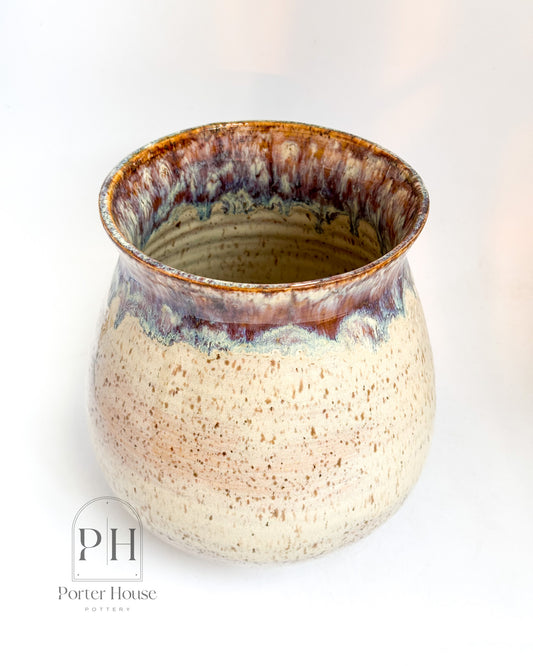 Speckled Beige Vase with Drippy Purple and Blue Rim