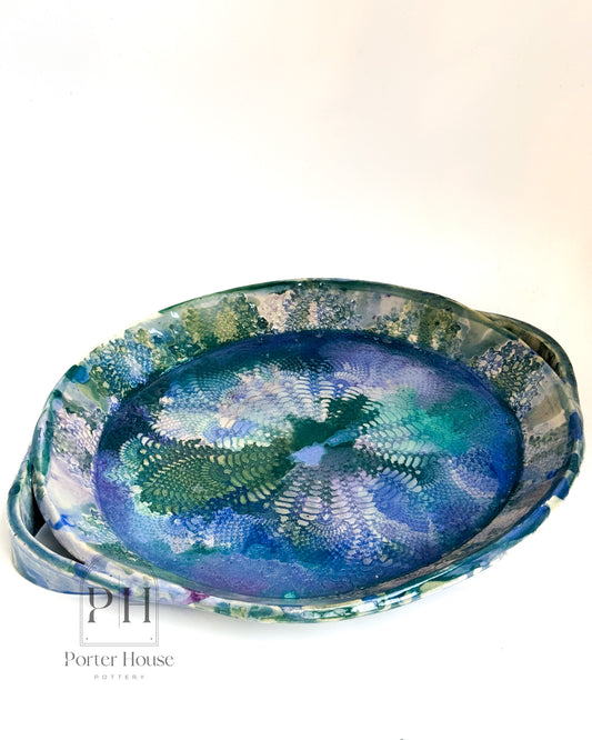 Cool Watercolor Waves Textured Serving Platter with Handles