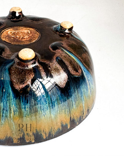 Bronze, Orange, and Blue Fiery Drippy Bowl with Lil Feeties | Small