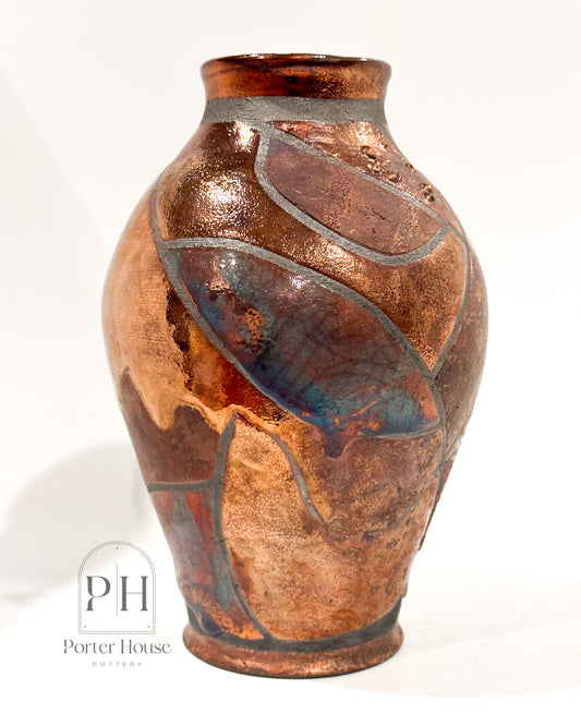 Striated Raku Urn Vase with Turquoise Crackle and Metallic Accents