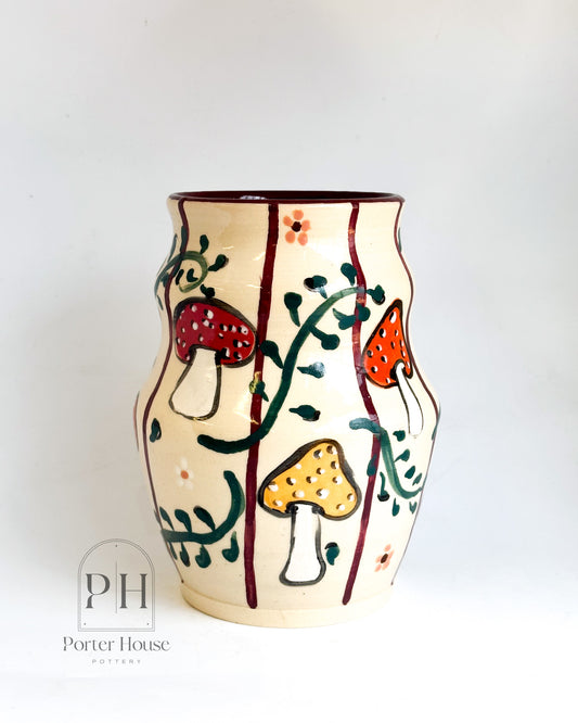 Hand-Painted Maroon Vase with Colorful Mushroom Accents