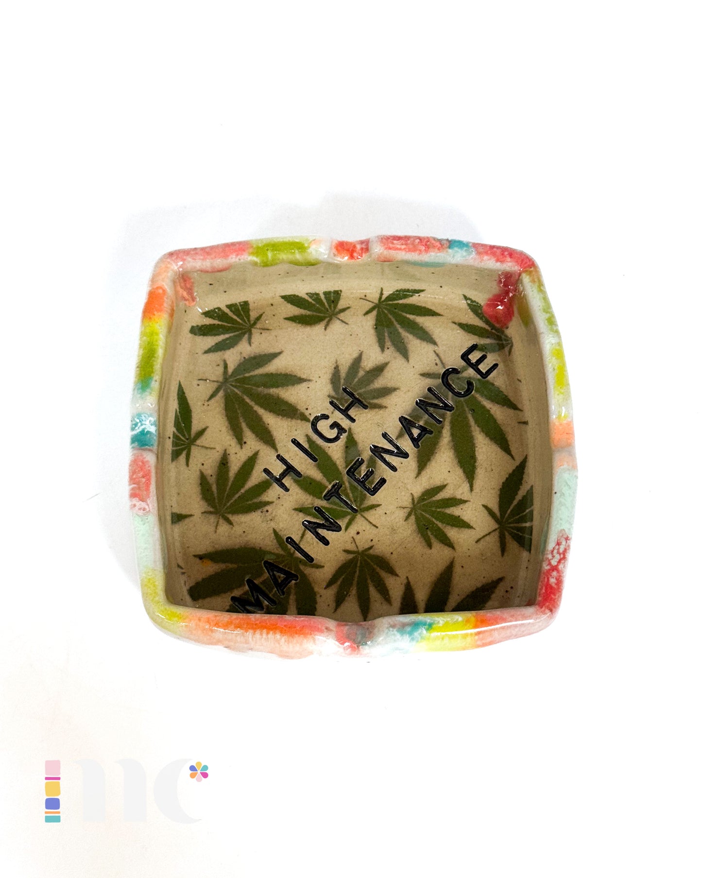 Colorful Drippy Ashtray with Green Pattern and Hand-Stamped Accents