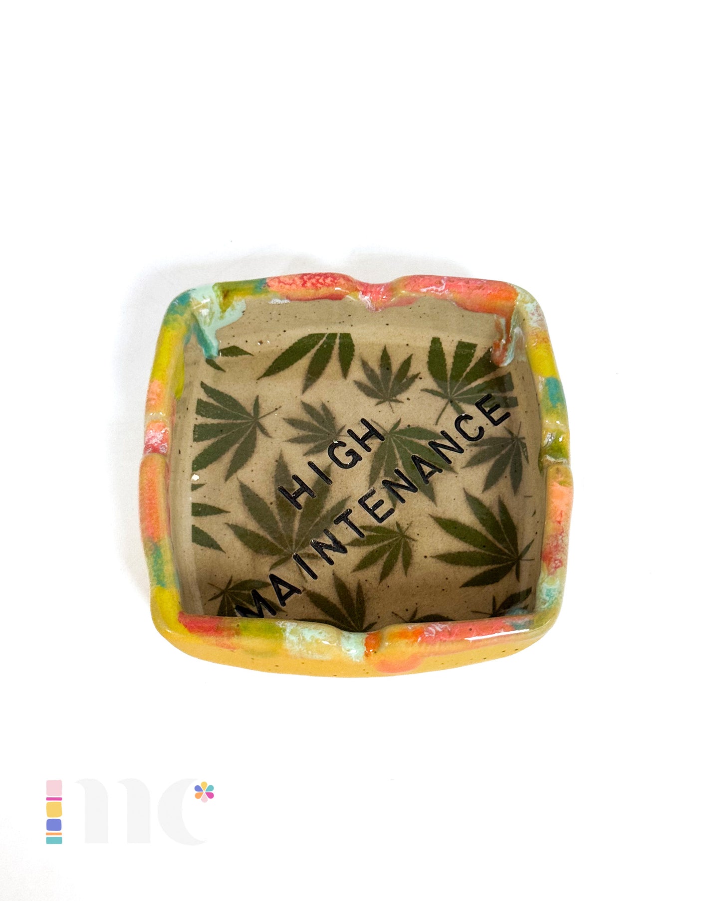 Colorful Drippy Ashtray with Green Pattern and Hand-Stamped Accents