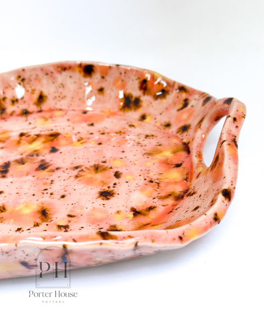 Speckled Coral Pink Platter Tray with Handles